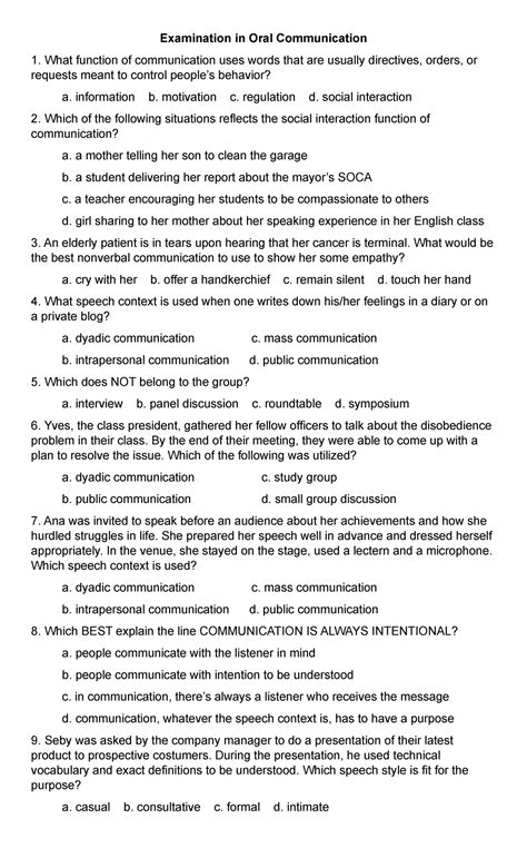 ORAL Communication Final Exam with Answer Key - Studocu