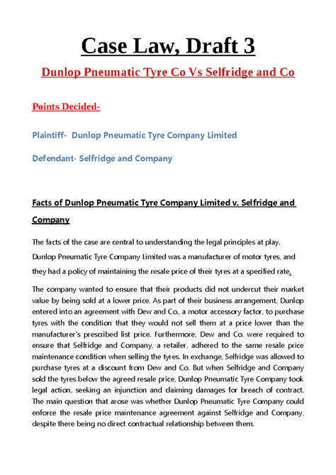 Case Study: Dunlop Pneumatic Tyre Co vs. Selfridge & Co Analysis - Studocu