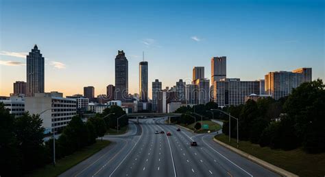 Atlanta Skyline at Sunset with Empty Highway Stock Illustration ...