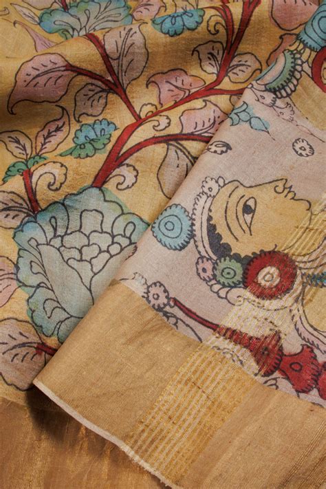 Beige Hand Painted Pen Kalamkari Tussar Silk Saree 10068732 – Avishya.com