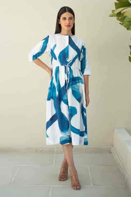 Buy Blue Cotton Round Neck Stroke Wave Print Midi Dress For Women by ...
