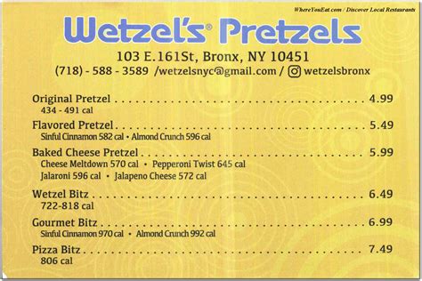 Wetzel's Pretzels Menu