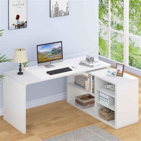 HSH White L Shaped Desk with Shelf, Reversible India | Ubuy