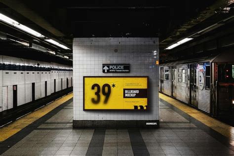 Old sabway bright billboard mockup train station metro underground ...