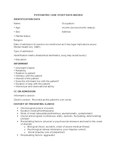 Psychiatric CASE Study DATA Needed - PSYCHIATRIC CASE STUDY DATA NEEDED ...