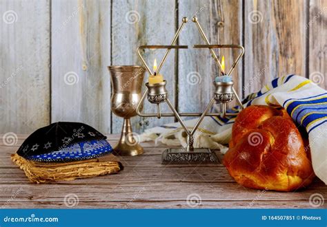 Sabbath Jewish Holiday Challah Bread and Candelas on Wooden Table Stock ...