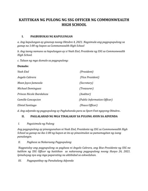 FIL Katitikan NG Pulong - KATITIKAN NG PULONG NG SSG OFFICER NG ...