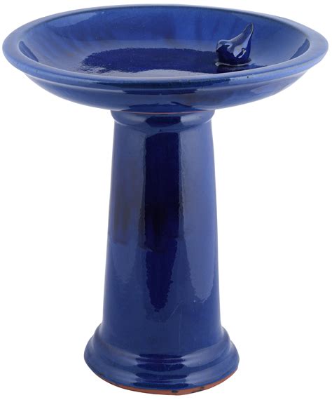 Bird Bath on Pedestal w/Bird, Ceramic, Blue - Esschert Design USA