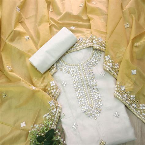 Dilbara White and Yellow Thread with Patra Work Neck Chanderi Suit Set ...