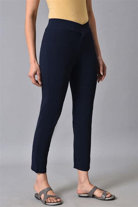 Buy Elleven Women's Navy Blue Solid Skinny Fit Tights With Extra ...