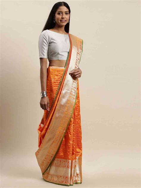 Shop Beautiful Orange Colour Checked Banarasi Saree