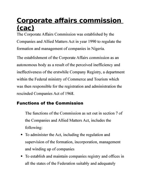 Corporate affairs commission cac - The establishment of the Corporate ...