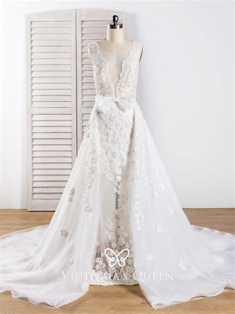 VQ Sexy Sheer Lace Tulle Wedding Dress Detachable Overskirt