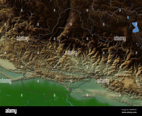 West, development region of Nepal. Colored elevation map with lakes and rivers Stock Photo - Alamy