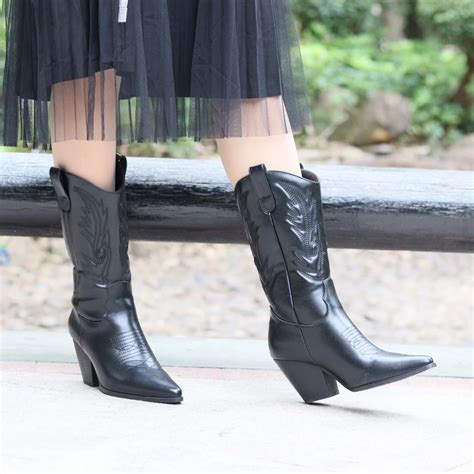 Black High Heel Cowboy Boots For Women
