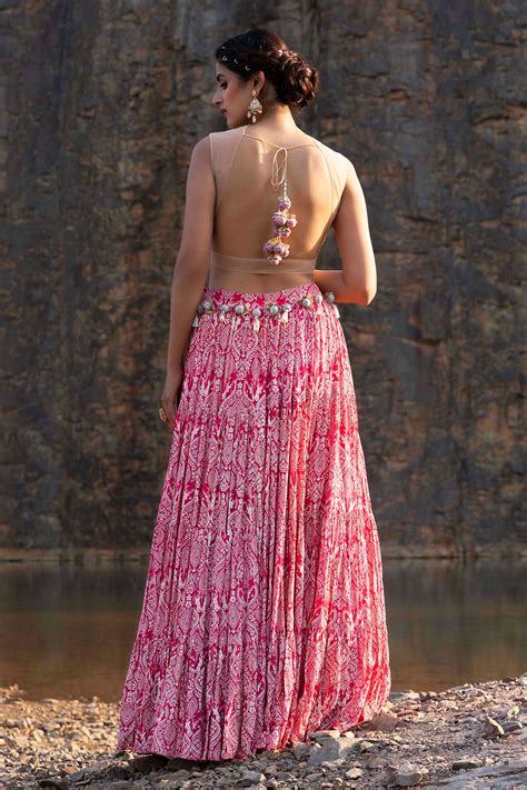 Buy Pink Crepe Floral, Gota Patti, Stag Plunge Neck Print Lehenga Set ...