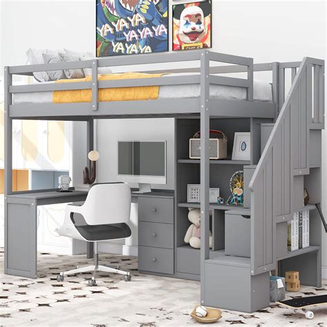 Twin Size Loft Bed, Twin Loft Bed with L-Shaped Desk Philippines | Ubuy
