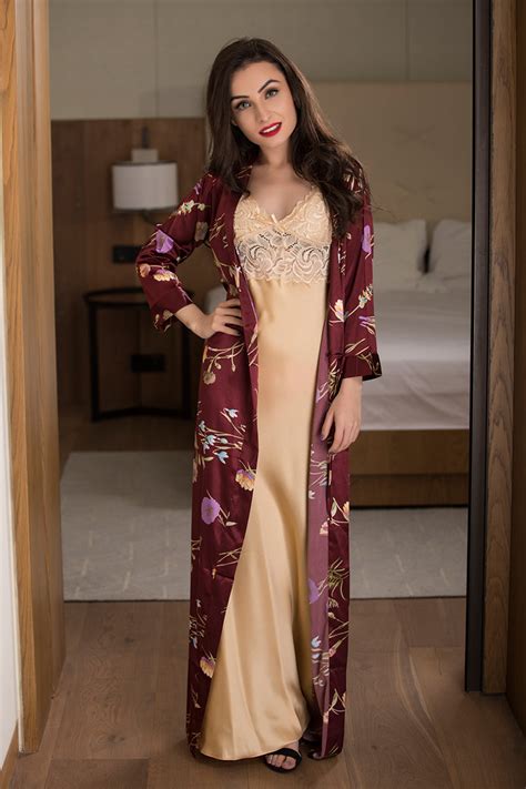 Buy Golden Long Nighty With Maroon Robe Set By Private Lives