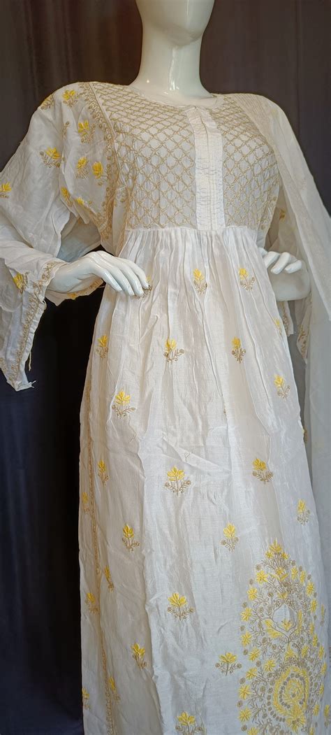 Off White Mul Chanderi A Line Chikankari Kurta and Dupatta