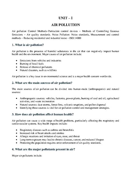 U-1 Air Pollution: Comprehensive Notes on Control & Standards - Studocu