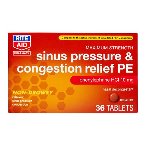 Rite Aid Sinus Pressure & Congestion Relief PE 10mg - 36 Tablets | Non-Drowsy Nasal Decongestant ...