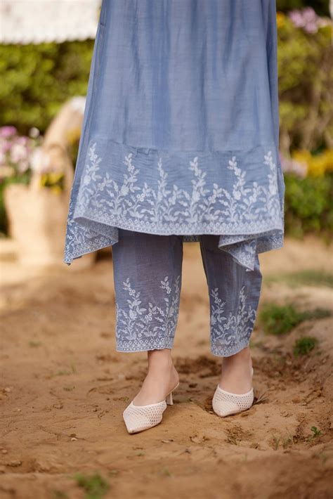 BLUE AFRICAN LILY fields- set of 3( A-line kurta, pants & dupatta) - N ...