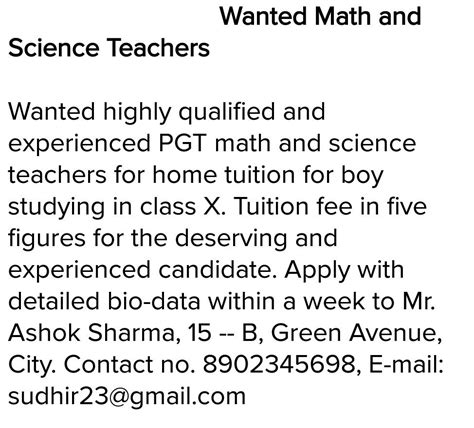 Advertisement on require a teacher to teach maths and science to ur son ...