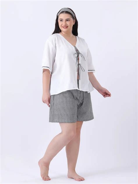 White rayon loose fit bow top with gingham shorts co-ord set