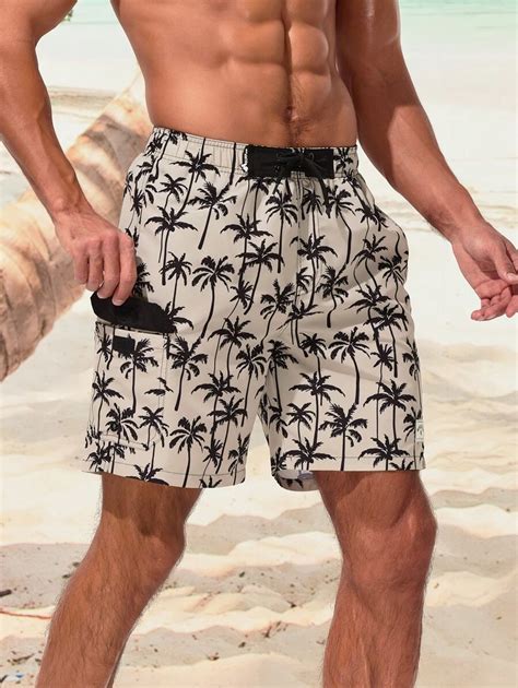 Manfinity Men'S Coconut Tree Print Beach Shorts With Slant Pockets ...
