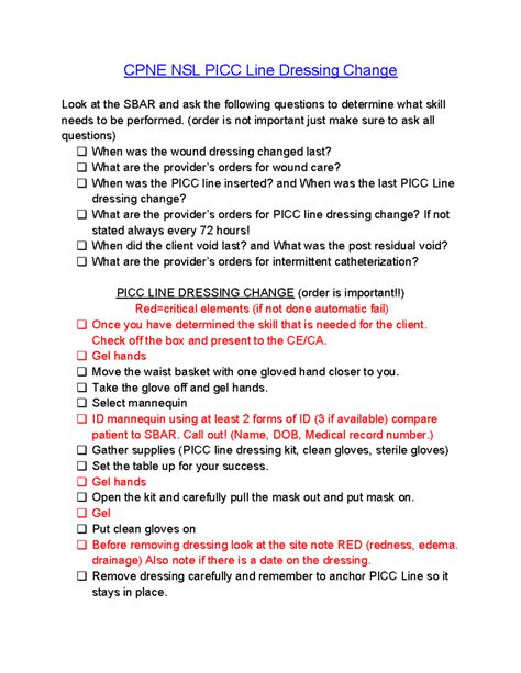 PICC Line Dressing Change Checklist for CPNE NSL Exam Preparation - Studocu