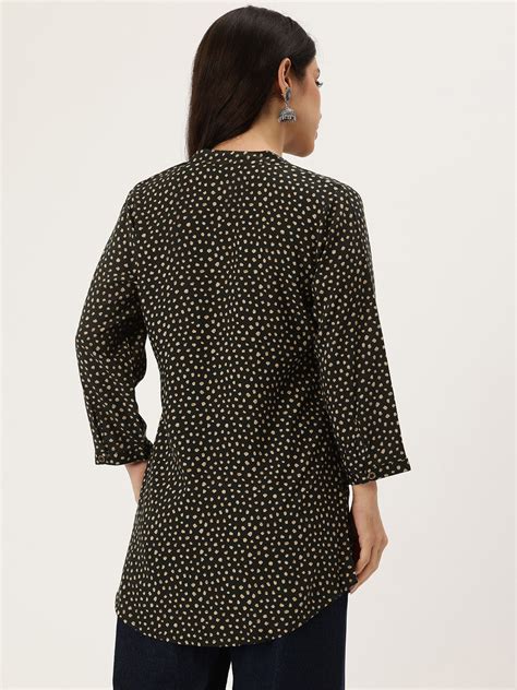 Black Printed Mandarin Collar Tunic – Amukti - The Women's Ethnic ...
