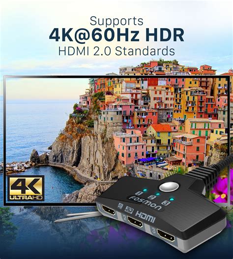Fosmon 3-Port HDMI 2.0 Auto Switch 4K 60Hz, 3x1 Switcher Automatic UHD ...
