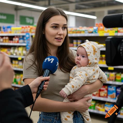 Russian woman holding baby in onesie in grocery store interview on Craiyon