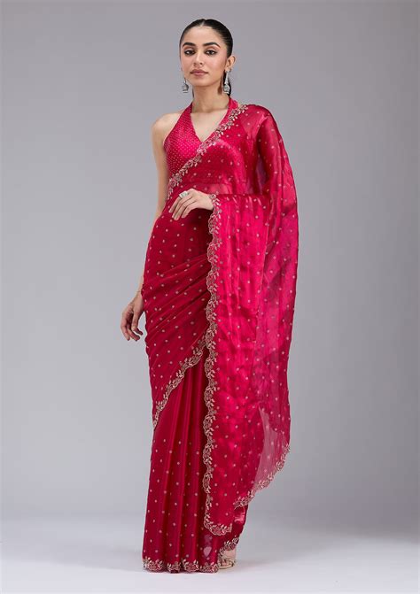 Buy Rani Pink Stonework (Gold) Tissue Saree - Koskii