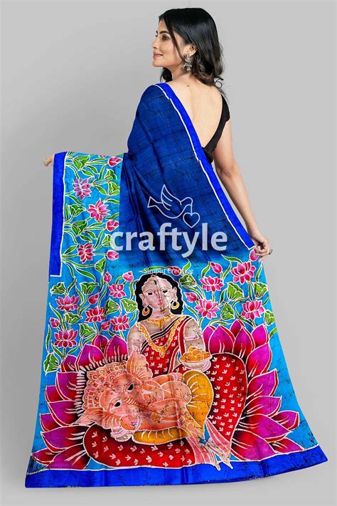 Blue Lotus Motif Ma Durga Painted Hand Batik Pure Mulberry Silk Sare ...