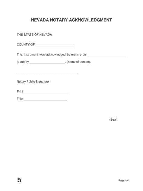 Nevada Notary Acknowledgment - Blank Fillable Template | Fill Out ...
