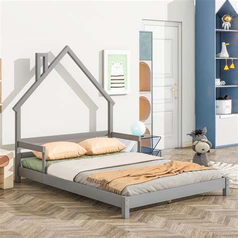 Full Size Floor Bed with House Shaped Headboard, Montessori Floor Bed ...