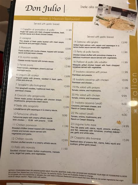 Menu at Don Julio restaurant, Fallon