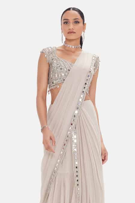 Buy Gold Georgette Sequins, Beads, The Regal Empress Pre-draped Saree ...