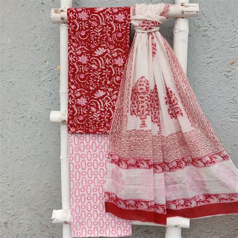 ROZANA - Pure Cotton Top Bottom And Dupatta Suit Piece With Red Jaal ...