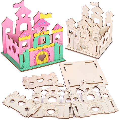 Buy 12 Set Build & Paint Wooden Castle Crafts Kit for Kids - Girls ...