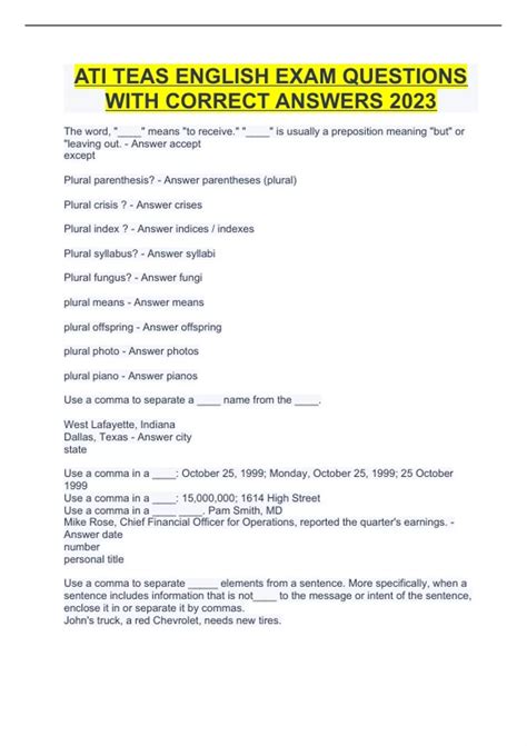 ATI TEAS ENGLISH EXAM QUESTIONS WITH CORRECT ANSWERS 2023 - ATI Teas ...
