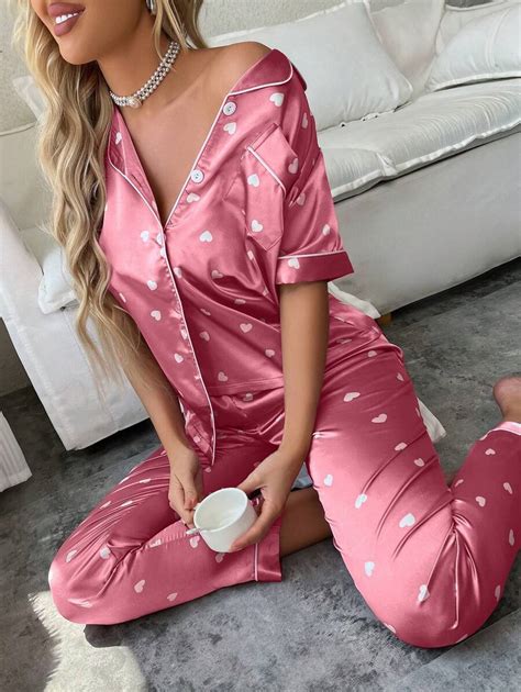 Short Sleeve And Long Pants Pajama Set With Simulated Silk And Heart ...