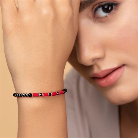 Black & Red Long Beads 925 Sterling Silver Bracelet - Valentine's Gift ...