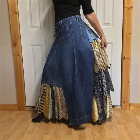 Upcycled Denim Skirt, Plus Size Long Bustle Skirt, Recycled Jeans, Silk ...