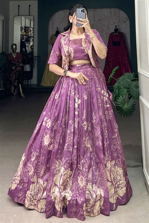 Buy Purple Tussar Silk Party Wear Crop Top Lehenga With Jacket From DLC ...