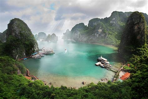 tropical, nature, landscape, beach, clouds, boat, sun rays, rocks, Vietnam, forest, sea, island, ship, Ha Long Bay, photography, HD Wallpaper | Rare Gallery