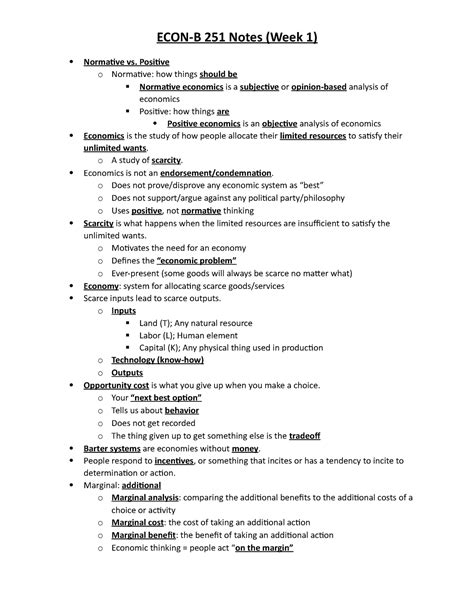 ECON-B 251 Notes (Week 1) - ECON-B 251 Notes (Week 1) Normative vs ...
