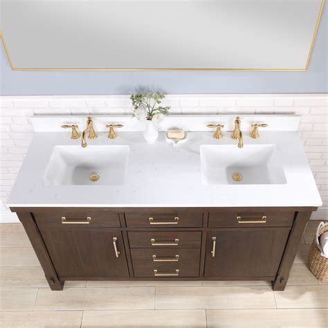 60" Double Sink Bath Vanity in Deep Walnut with White Composite Countertop