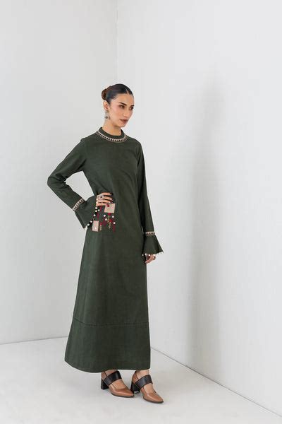 MOSS GREEN LONG EMBROIDERED MELANGE DRESS (1 PC) – Anju Modi
